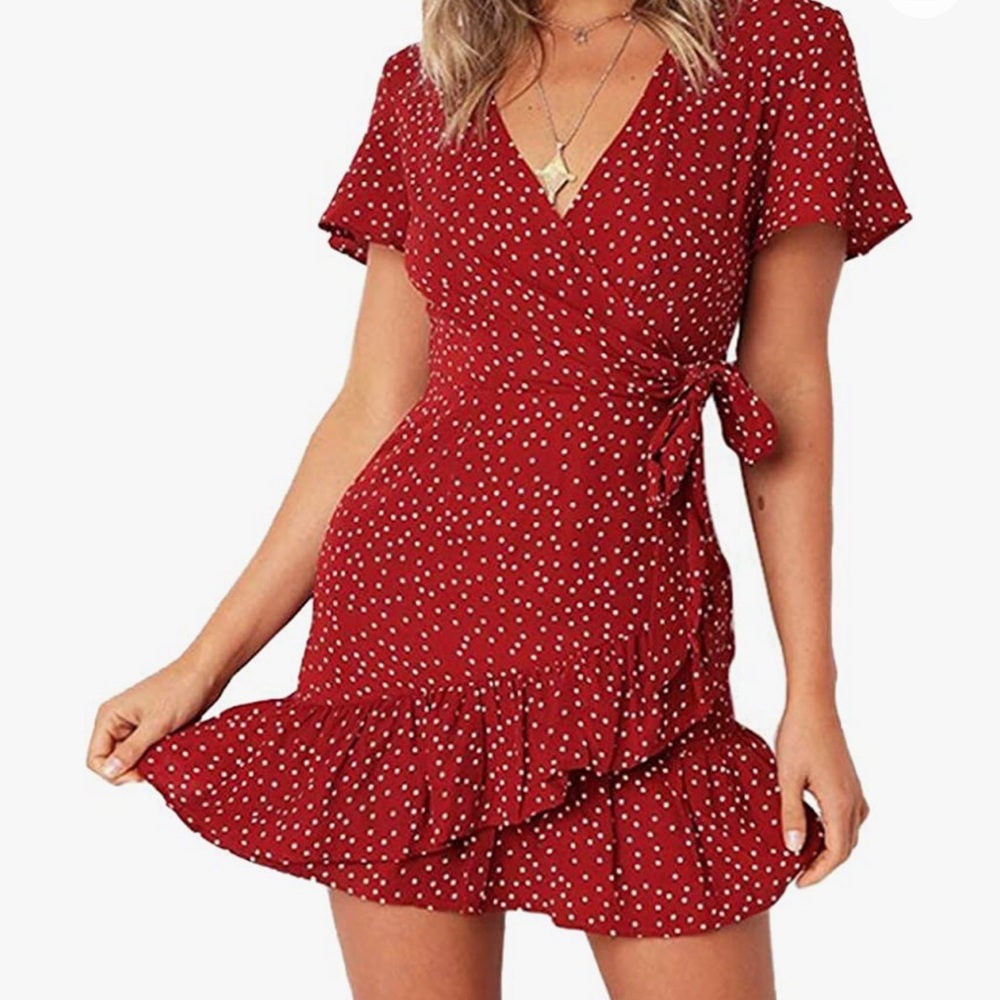🆕 Amazon Summer Wrap V Neck Polka Dot Print Mini Dress